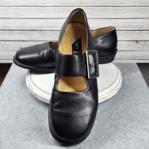 Ecco Shoes Womens Size 6.5 Black Leather Mary Jane Buckle Comfort Walking Flats